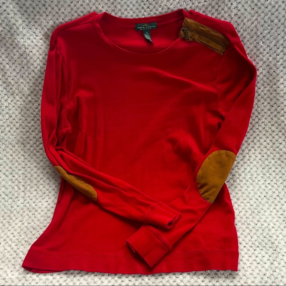 Womens long sleeve tee shirt with leather elbow pads